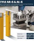Two yellow carbide-tipped lathe cutters with 1/2 in square shanks for metal turning and chamfering.