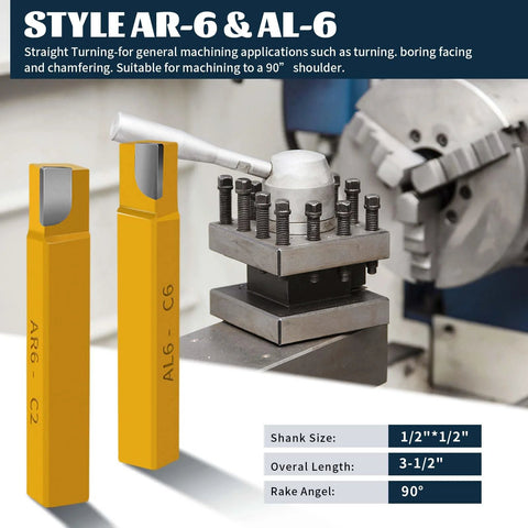 Two yellow carbide-tipped lathe cutters with 1/2 in square shanks for metal turning and chamfering.