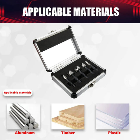 5 Piece Countersink Drill Bit Set With 82 Degree Counter Sink in aluminum carry case, showing suitable materials: aluminum, timber, plastic.