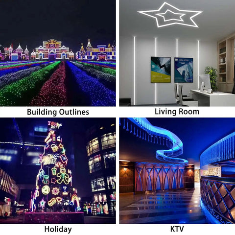 Neon Flex LED Light Strip Dope Double Sided Silicone Neon For Indoor Outdoor Signs 50ft 15m 110 To 120V AC IP65 Waterproof used for building outlines, living room decor, holiday tree, and KTV lighting