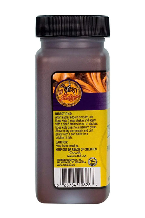 Edge Kote Leather Edge Paint 4 Oz Pro Grade Finish For Color Coats On Brown Edges bottle with label showing usage directions and barcode