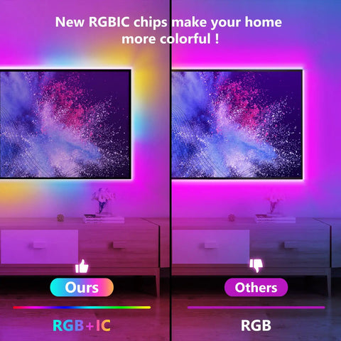 Comparison of two TVs with RGBIC LED Strip Lights 16.4ft Smart Color Strip, showing vibrant colors and effects, highlighting differences.