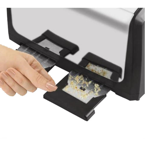Hand removing crumb tray from 4 Slice Toaster With Dual Control, Bagel, Reheat And Defrost Settings, 850 Watt Black And Silver Finish