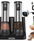 Electric Salt And Pepper Grinder Set With 2 Speed Modes 5 Coarseness Settings Rechargeable Base, USB-C, LED, stainless steel design.
