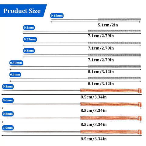 Size chart for Ten Piece Stainless Steel 3D Printer Nozzle Cleaning Kit With Precision Needles From 0.15 To 1.0mm.
