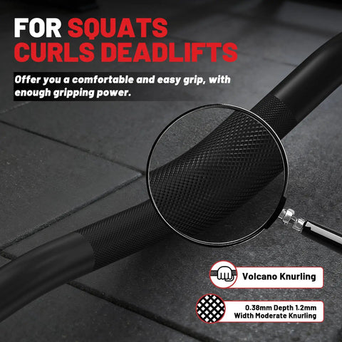 Close-up of knurling on 6.2ft rackable curl bar from 70Lb Bumper Plate Set With Six Point Two Foot Rackable Curl Bar And Two Inch Olympic Weight Plates For General Fitness Beefy Durable Virgin Rubber With Steel Hub Includes 2x10lb And 2x25lb Plates For Home Gym Lifts.