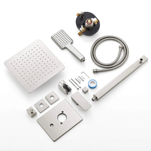 9 Inch Rain Shower Head With Handheld System Dual Shower Combo parts laid out, including hose, sprayer, slide bar, and fixtures.