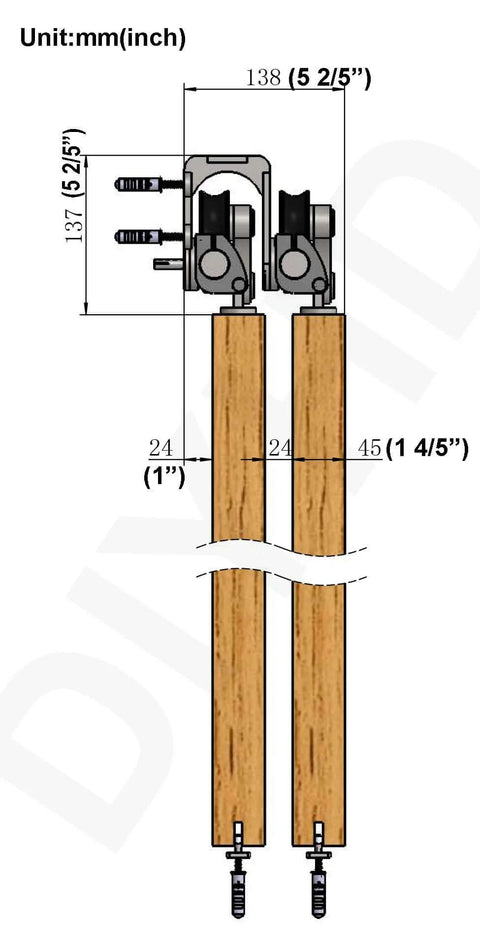 Diagram of 8 Foot Brushed Stainless Steel Bypass Sliding Barn Door Hardware Kit For Low Ceiling Top Mount System with measurements.
