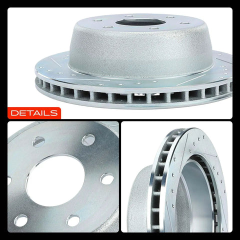 Heavy Duty Rear Drilled And Slotted Brake Rotors Deliver Top Shelf Stopping Power With Straight Up Bolt On Fit For Chevy Tahoe Silverado Suburban Avalanche And Cadillac Escalade, showcasing a detailed view of the rotor's surface and holes.