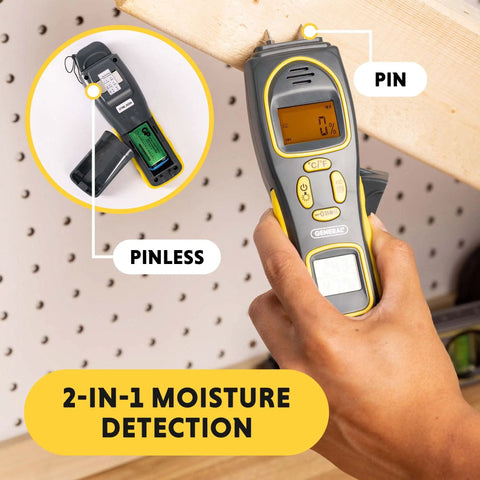 Pin And Pinless Moisture Meter with Temperature and Humidity Water Leak Detection Tool for homes, shown in hand use