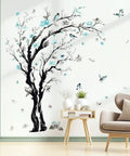 Epic Watercolor Tree Wall Decals With Blue Flower Branches Easy Peel And Stick Waterproof And Removable Perfect For Living Room Bedroom Or Kitchen Decor Giant Size Options 63 Inch Or 48 Inch on a white wall with cozy decor