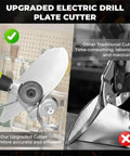 Comparison of upgraded electric drill plate cutter and traditional cutter for metal; Turn Your Drill Into A Metal Cutting Beast With This Drill Nibbler Attachment A Gear Driven Cutter That Delivers Smooth Spark Free Cuts Through Aluminum Steel Copper And Iron For Thin Sheet Metal Projects.