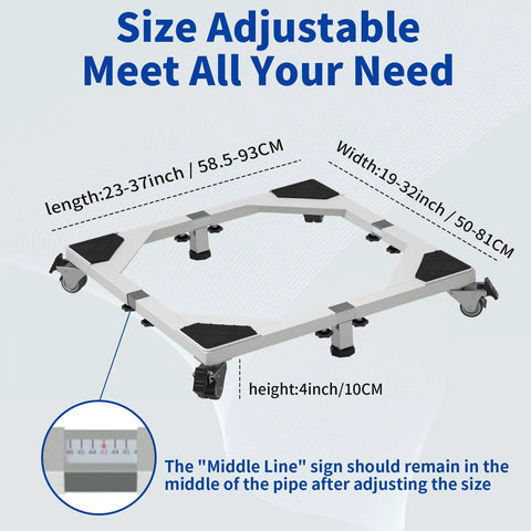 Beefy Heavy-Duty All Steel Fridge Stand With Wheels Mobile Base Size Guide and Adjustable Dimensions Diagram