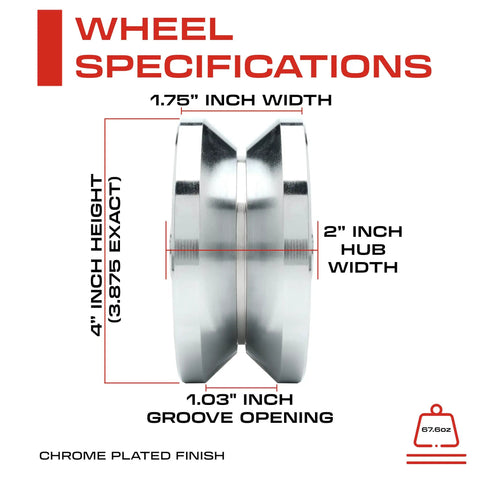 Heavy Duty 4 Inch V-Groove Gate Wheel, Solid Chrome Plated Steel Track Wheel for Sliding Gates, 2-inch hub width, side view