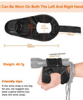 Glove Mounted Dive Light Holder For Hands Free Scuba Gear Adjustable Wrist Strap Universal Fit 0.94 Inch To 1.10 Inch Flashlights Not Included Regular Size, shown with measurements and wearing demonstration.