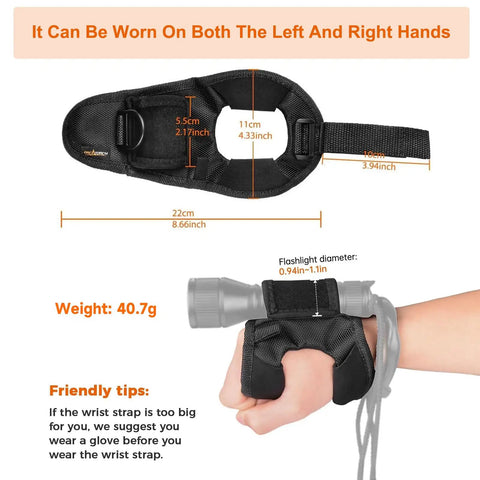 Glove Mounted Dive Light Holder For Hands Free Scuba Gear Adjustable Wrist Strap Universal Fit 0.94 Inch To 1.10 Inch Flashlights Not Included Regular Size, shown with measurements and wearing demonstration.