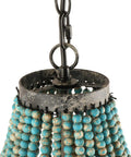 Top view of Wood Bead Chandelier In Gray Blue Boho Style with natural bead strands for bedroom nursery playroom ceiling fixture.