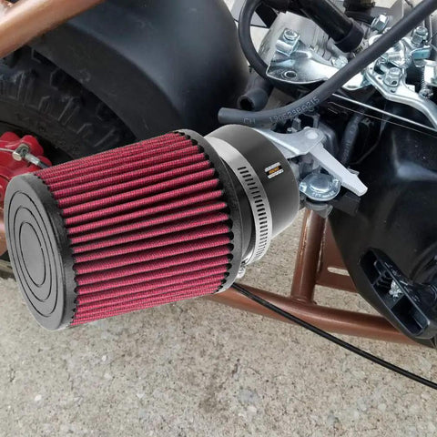 Close-up of Dope 62mm air filter installed on a go-kart engine, fitting Predator 212cc 196cc Hemi and GX160 GX200 clone engines.