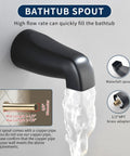 Matte black waterfall bathtub spout in action with 1/2 inch NPT brass adapter, part of All In One Matte Black Shower Faucet Set.