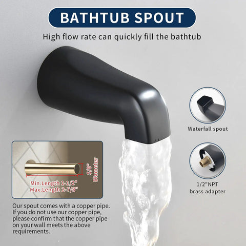Matte black waterfall bathtub spout in action with 1/2 inch NPT brass adapter, part of All In One Matte Black Shower Faucet Set.