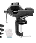 Beefy Clamp On Vise For Home Workshop With 3.0 Inch Jaw Opening, showing accessories and protective glove included in the set