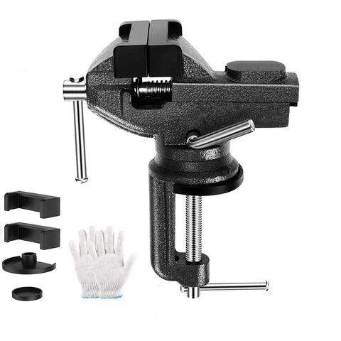 Beefy Clamp On Vise For Home Workshop With 3.0 Inch Jaw Opening, showing accessories and protective glove included in the set