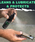 Person using All-In-One Gun Cleaner And Lubricant Kit With CLP Solvent Spray, 2oz bottle for precise application on firearm parts