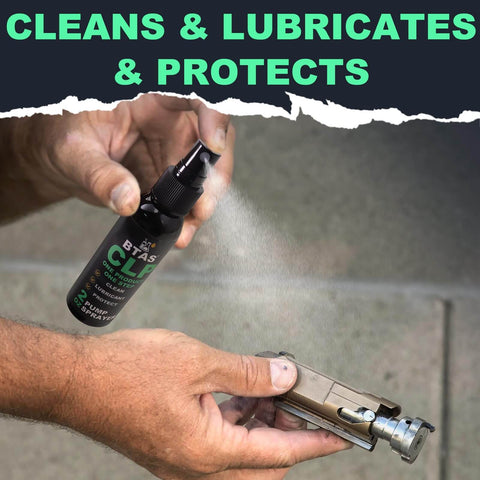 Person using All-In-One Gun Cleaner And Lubricant Kit With CLP Solvent Spray, 2oz bottle for precise application on firearm parts