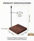 Solid Black Walnut Pour Over Coffee Maker Stand With Adjustable Stainless Steel Dripper Holder and Premium Wooden Brewing Station specifications showing dimensions.