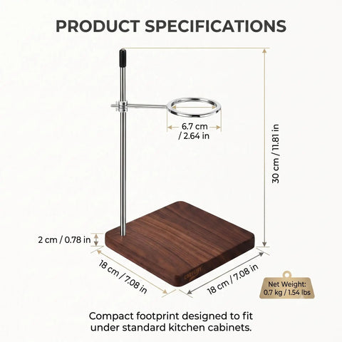 Solid Black Walnut Pour Over Coffee Maker Stand With Adjustable Stainless Steel Dripper Holder and Premium Wooden Brewing Station specifications showing dimensions.