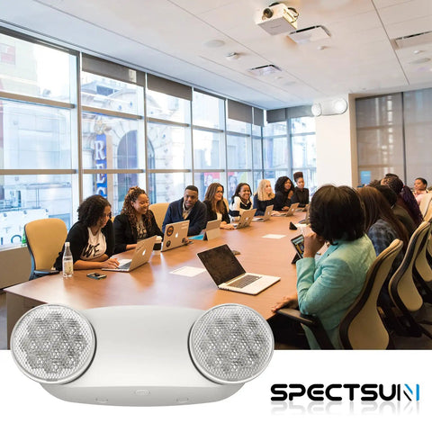 Meeting room with a 4 Pack LED Emergency Lights With Battery Backup For Business, Dual Bug Eye Heads Adjustable on the wall.