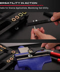 Thread repair tool set, 49 pieces; top view shows thread chaser on bolt, bottom view shows bolt secured in blue vise.