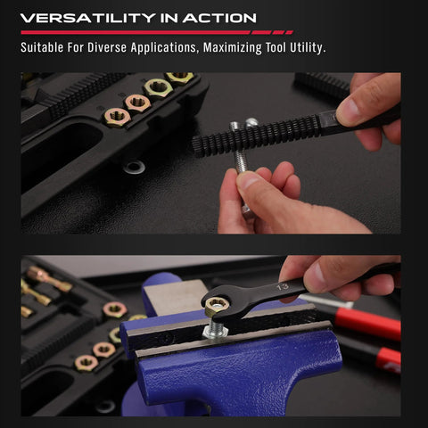 Thread repair tool set, 49 pieces; top view shows thread chaser on bolt, bottom view shows bolt secured in blue vise.