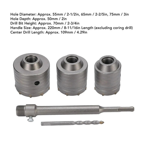 Concrete Hole Saw Kit For Drilling Through Concrete Brick Cement Stone Walls With 55mm 65mm And 75mm Diameters And 50mm Depth tungsten steel hole saws with arbor and bit