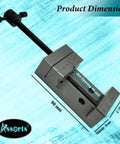 Heavy Duty Mini Lathe Milling Slide Combo Kit With Precision Ground Z Angle Plate And Top Shelf Two Inch Steel Vise dimensions showing 90mm length and 46mm jaw opening.