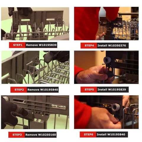 Steps for installing Six Pack Dishwasher Upper Rack Wheel Set 0.9 Inch Diameter Replacement Parts For KitchenAid Whirlpool Maytag Kenmore.