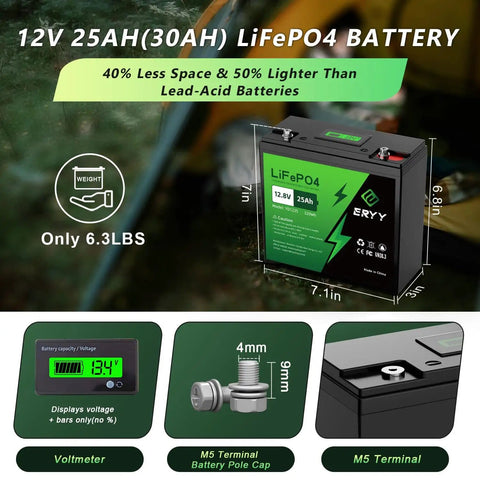 12V LiFePO4 Battery 25Ah 384Wh With Built In 30A BMS And LCD Voltmeter For RVs Trolling Motors Camping Gear And Solar