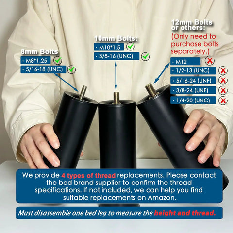 Beefy Heavy Duty Adjustable Bed Frame Legs Set Of Four Extra Height Metal Replacement Supports M8 And M10 Threads shown with thread size details.