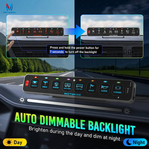 Day and night view of Eight Gang Slim Wireless Switch Panel For Cars RVs And UTvs With 208 Feet Range Drill Free Install