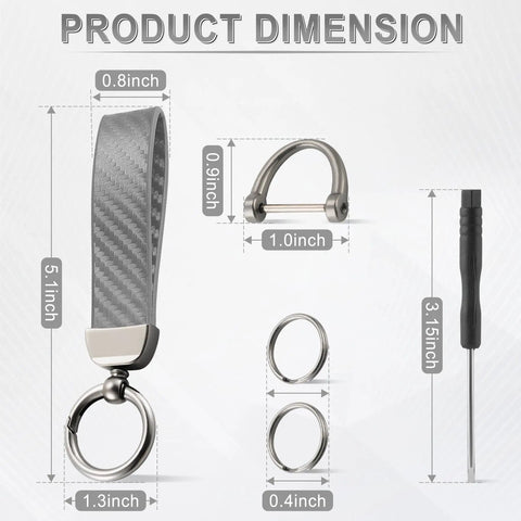 Dimensions of Premium Genuine Leather Car Keychain Featuring Slick Carbon Fiber Wrap And Anti Lost D Ring, showing size details.