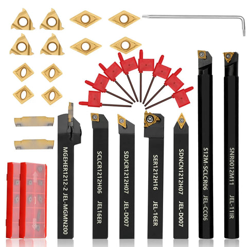 Beefy Pro Grade Lathe Turning Tool Kit 21 Piece Set With 1/2 Inch Shank, 12mm Tools, 7 Metal Lathe Tool Holders And 14 Carbide Turning Inserts