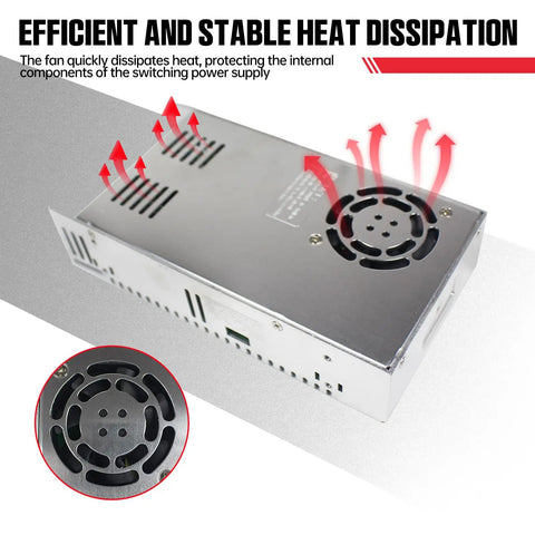 Beefy 500W 72V DC Switching Power Supply with cooling fan for CNC routers, milling machines, plasma cutting, and industrial control.