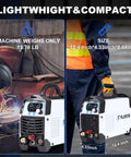 65 Amp Non Touch Pilot Arc Plasma Cutter for Home Shop Use 120 and 240V displayed with size and weight details