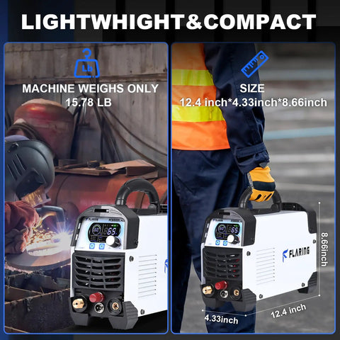65 Amp Non Touch Pilot Arc Plasma Cutter for Home Shop Use 120 and 240V displayed with size and weight details