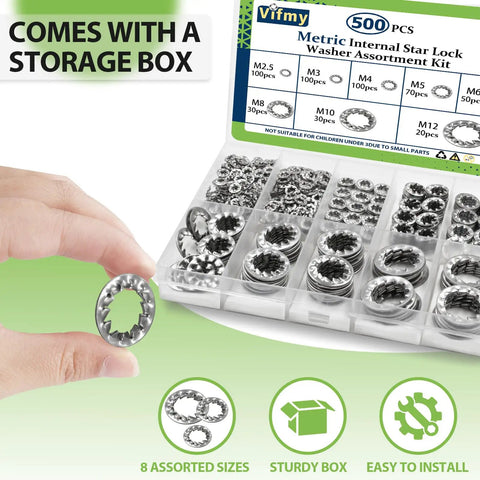 Internal Tooth Star Lock Washer Set 500 Pack Eight Size Assortment M2.5 M3 M4 M5 M6 M8 M10 M12 304 Stainless Steel in storage box