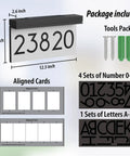 Solar Powered Address Plaque With LED Illumination, Waterproof Outdoor House Number Sign, dimensions, tools, numbers, and letters.