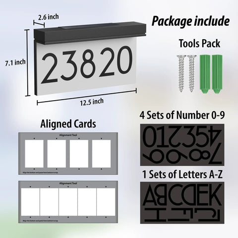 Solar Powered Address Plaque With LED Illumination, Waterproof Outdoor House Number Sign, dimensions, tools, numbers, and letters.