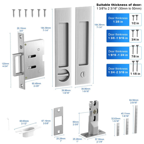 Pocket Door Hardware With Lock Privacy Recessed Edge Pull In Brushed Nickel For Smooth Quiet Sliding Doors Flush Mount Handle Kit With Durable Easy Install Design dimensions and parts shown