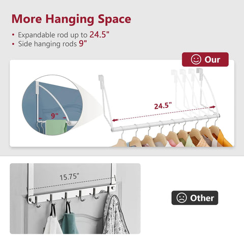 Over The Door Hanger Expandable And Adjustable Space Saving Coat And Towel Rack That Fits Doors Up To One And Three Quarters Inches Metal White Heavy Duty Door Organizer For Bathroom Bedroom Laundry And Hallway, showing hanger dimensions and comparison with another rack.