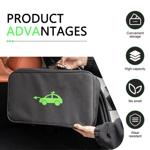 Heavy Duty Waterproof Ev Cable Bag No Sweat Jumper Wire Organizer Slick Car Tool Pouch shown in hand with green car graphic.